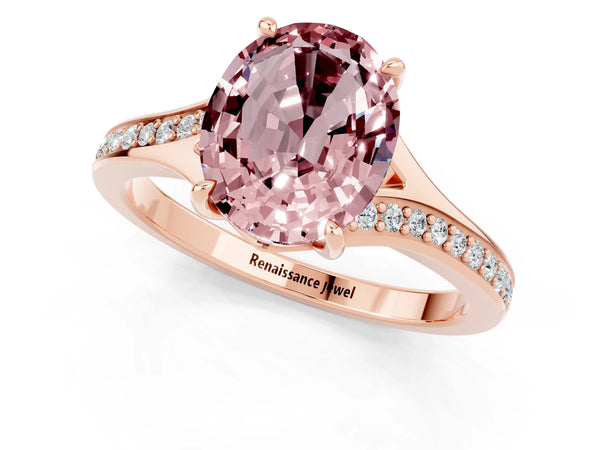 Rose gold Oval Cut Morganite Solitaire Ring with Pavé Band and Prong Setting