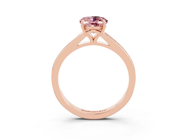 Rose gold Oval Cut Morganite Solitaire Ring with Pavé Band and Prong Setting