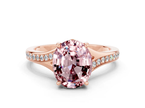 Rose gold Oval Cut Morganite Solitaire Ring with Pavé Band and Prong Setting