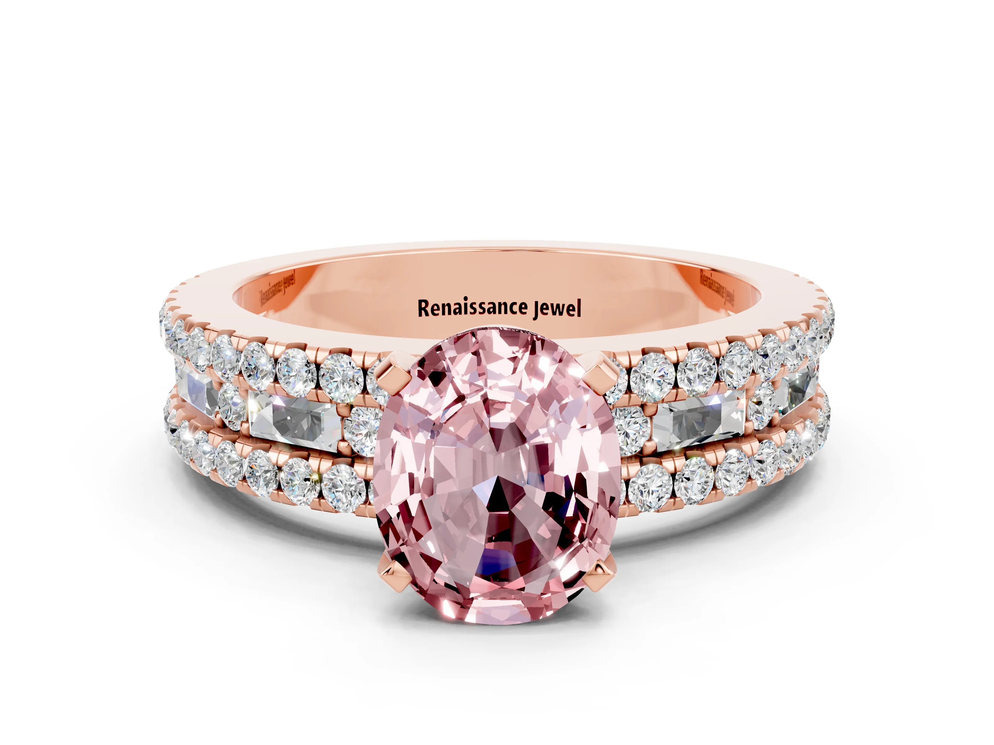 Rose gold Oval Cut Morganite Solitaire Ring with Pavé and Channel Set Band