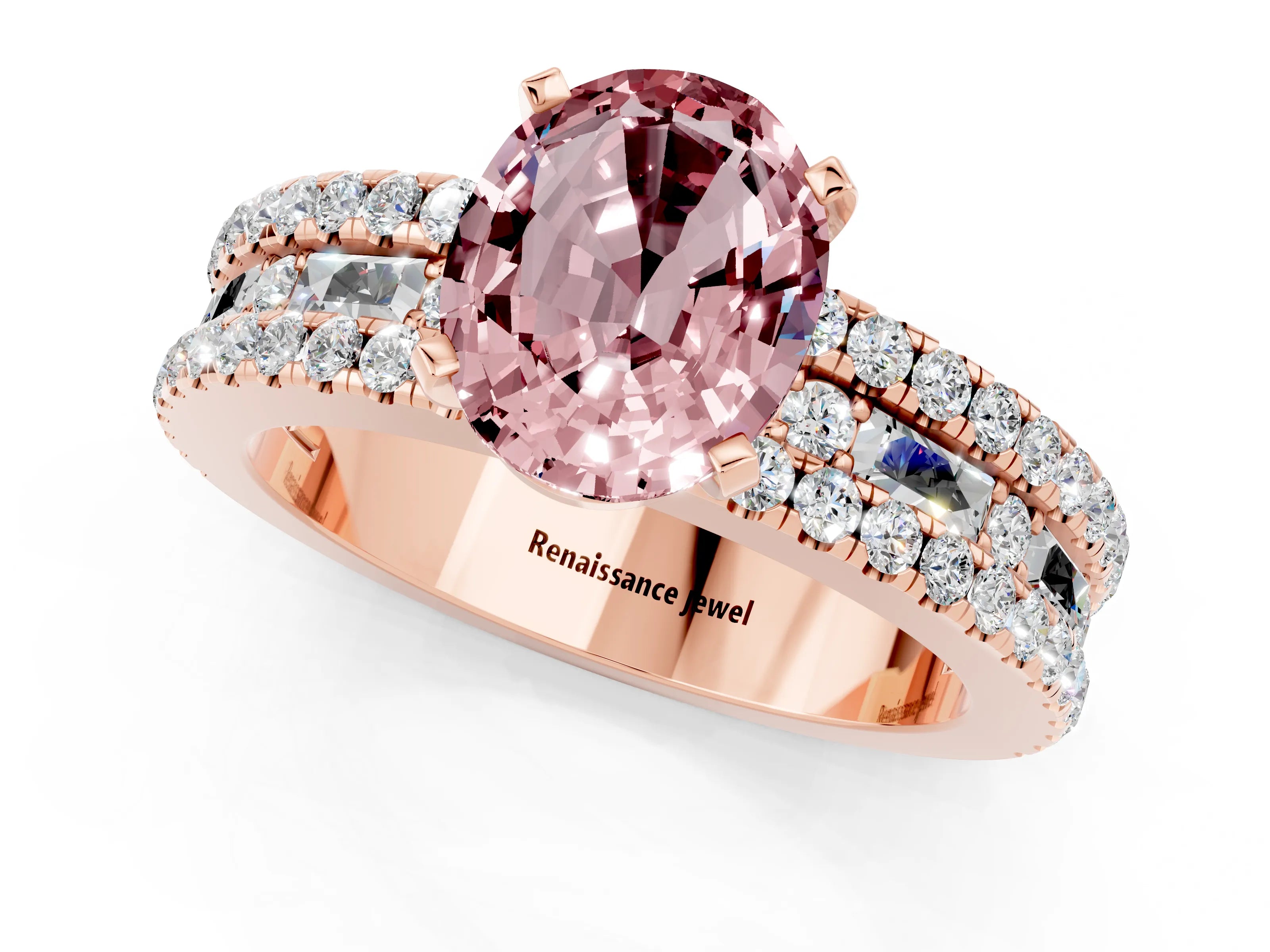 Rose gold Oval Cut Morganite Solitaire Ring with Pavé and Channel Set Band_1