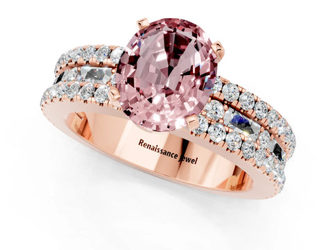 Rose gold Oval Cut Morganite Solitaire Ring with Pavé and Channel Set Band_1