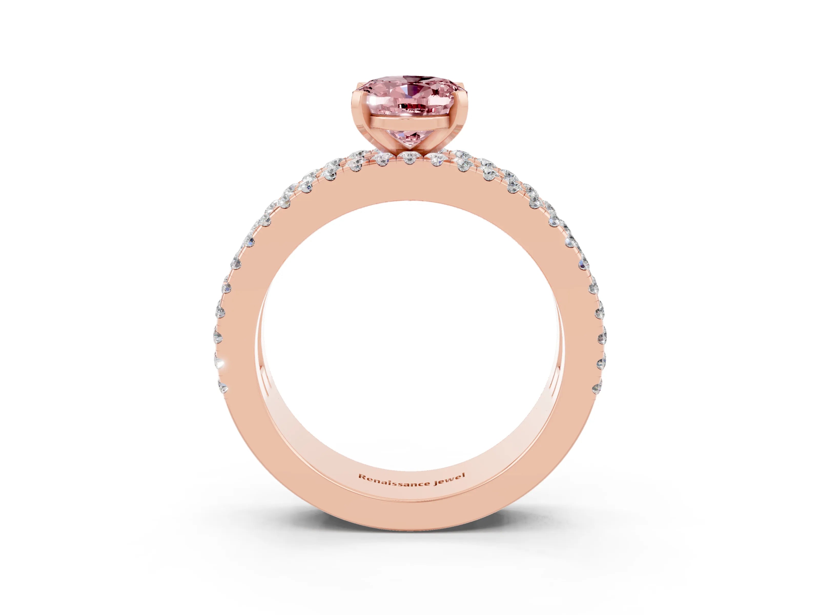 Rose gold Oval Cut Morganite Solitaire Ring with Pavé and Channel Set Band_3