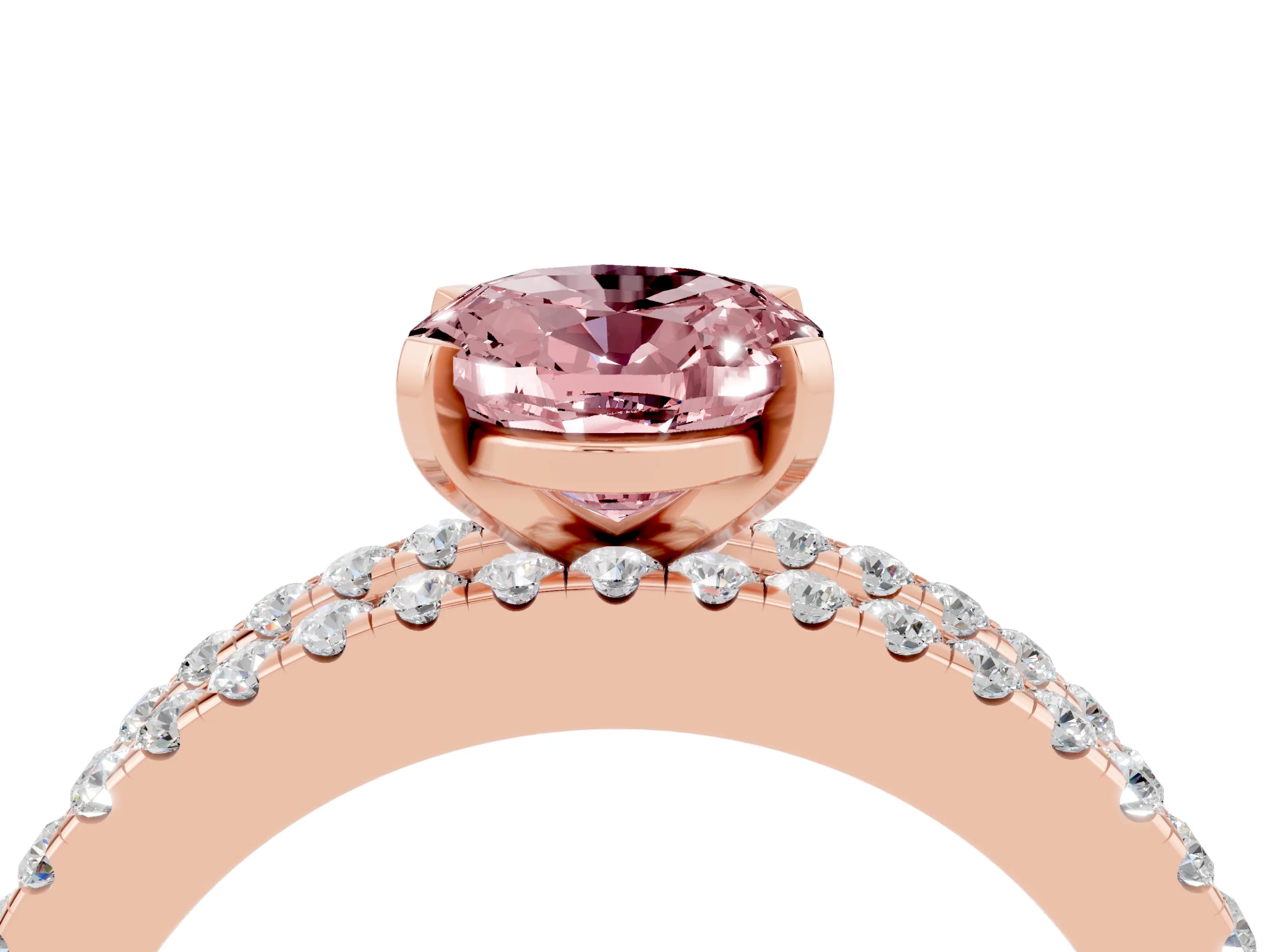 Rose gold Oval Cut Morganite Solitaire Ring with Pavé and Channel Set Band_4