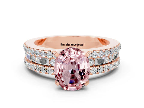 Rose gold Oval Cut Morganite Solitaire Ring with Pavé and Channel Set Band