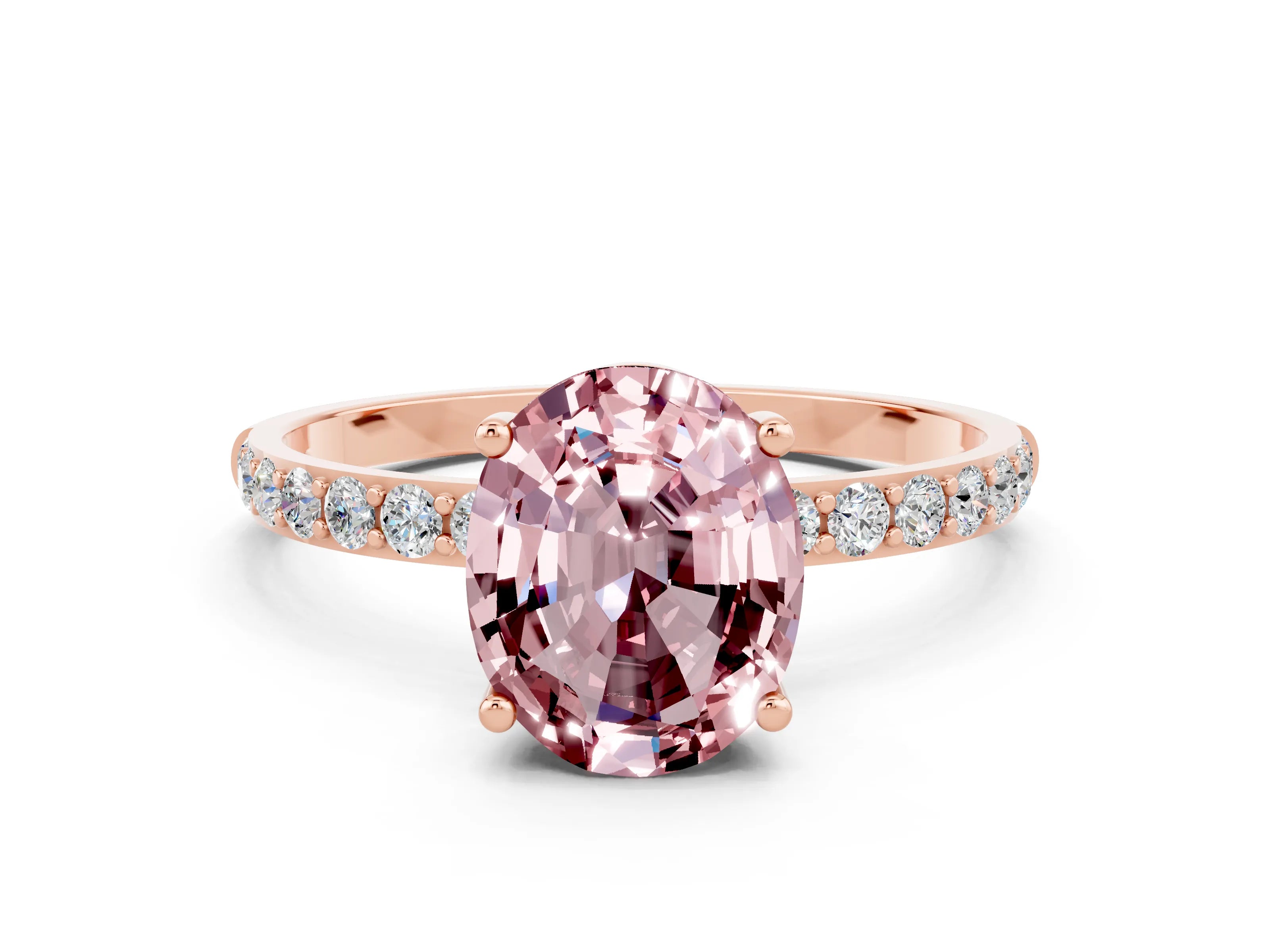 Rose gold Oval Cut Morganite Solitaire Ring with Pave Band and Four Prong Setting_24