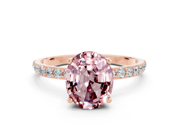Rose gold Oval Cut Morganite Solitaire Ring with Round  Pavé Band and Prong Setting