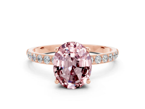 Rose gold Oval Cut Morganite Solitaire Ring with Pave Band and Four Prong Setting_24