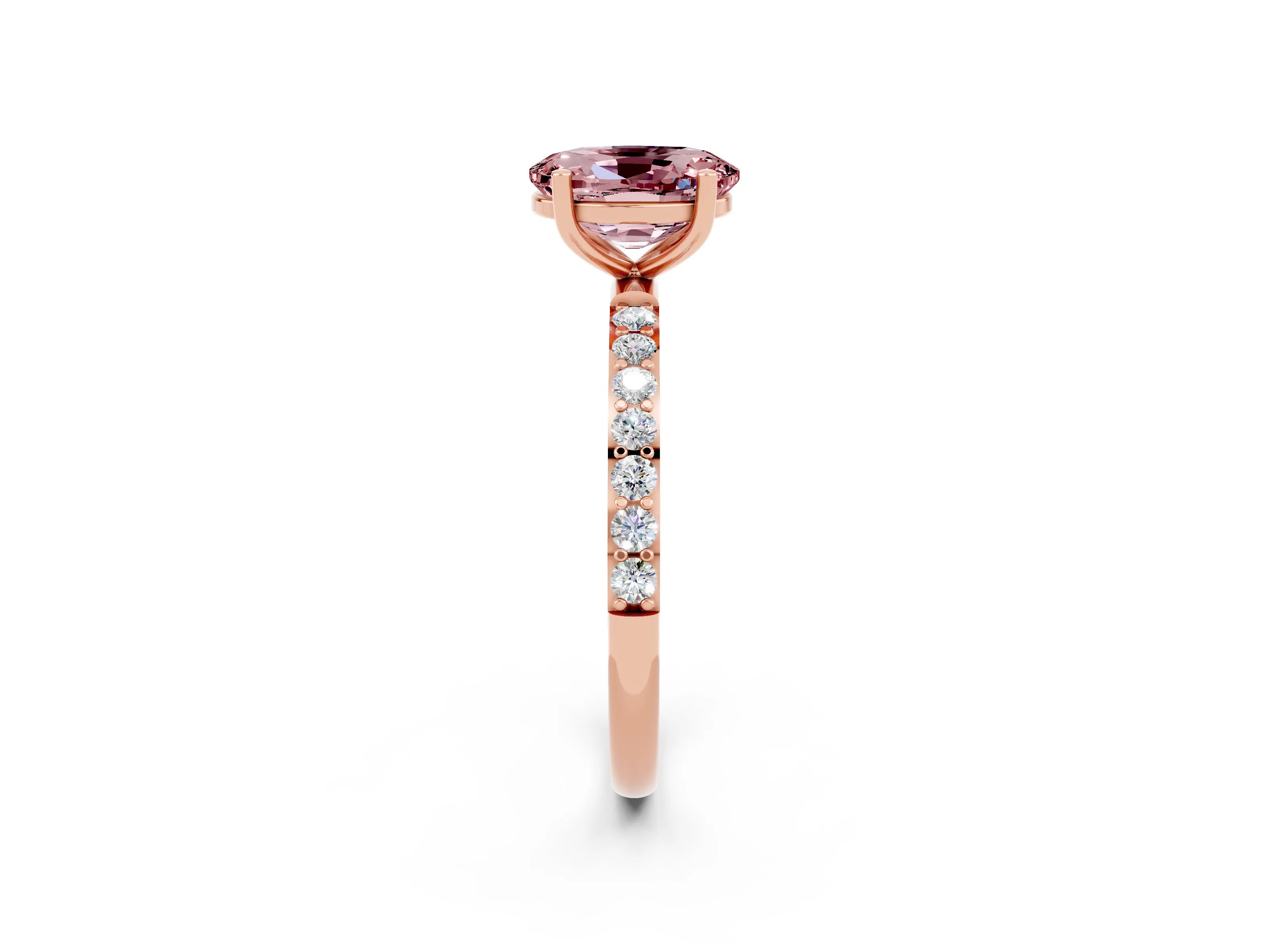 Rose gold Oval Cut Morganite Solitaire Ring with Pave Band and Four Prong Setting_26