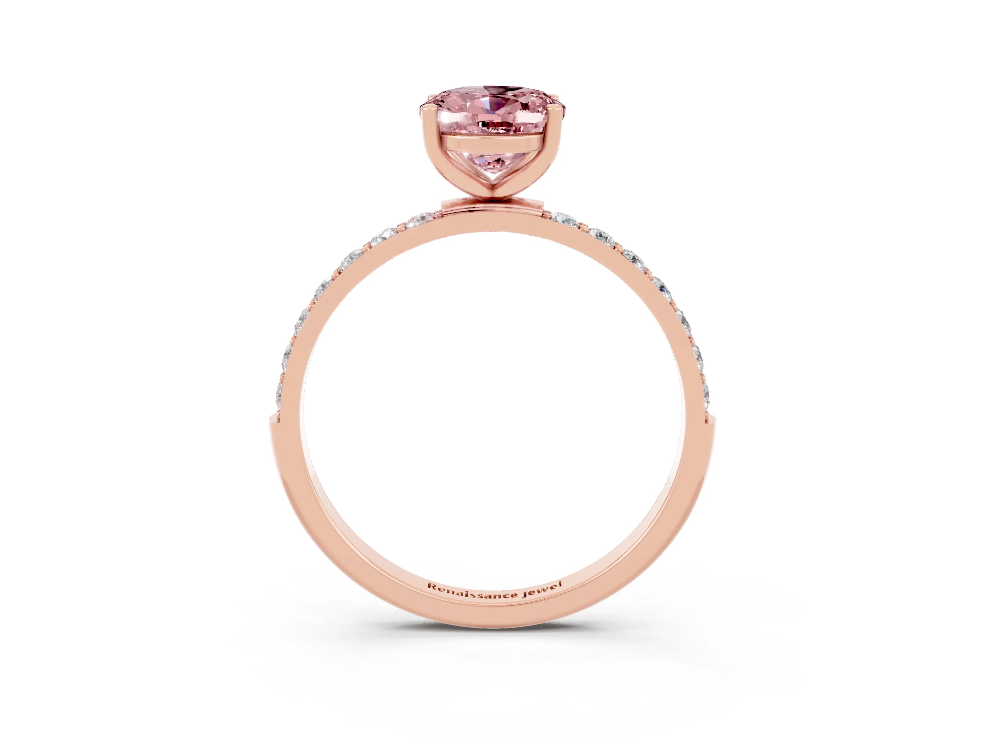 Rose gold Oval Cut Morganite Solitaire Ring with Pave Band and Four Prong Setting_27