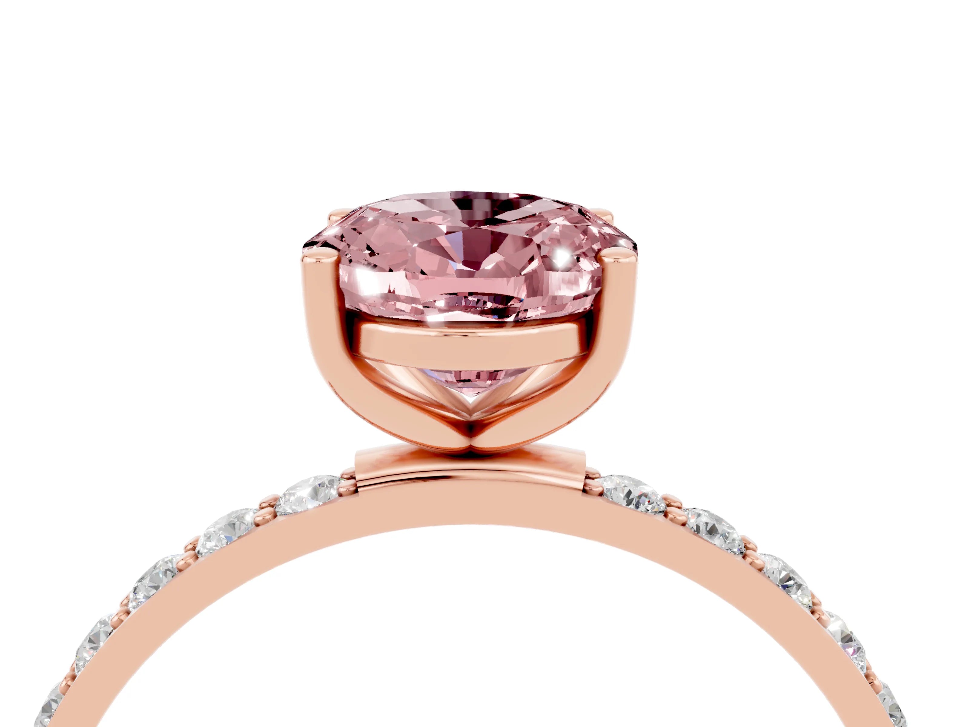Rose gold Oval Cut Morganite Solitaire Ring with Pave Band and Four Prong Setting_28