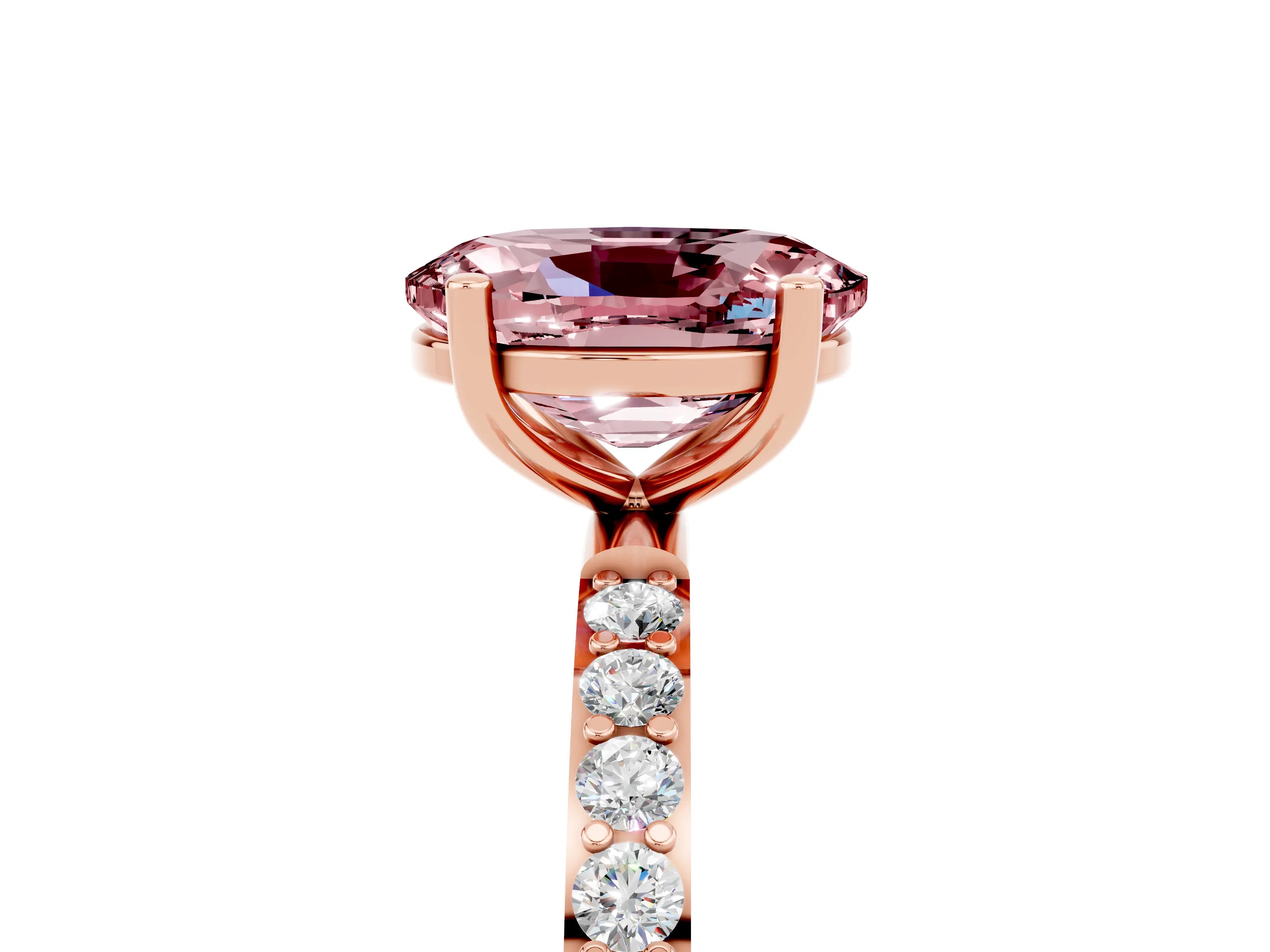 Rose gold Oval Cut Morganite Solitaire Ring with Pave Band and Four Prong Setting_29