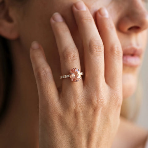 Rose gold Oval Cut Morganite Solitaire Ring with Round  Pavé Band and Four-Prong Setting_44