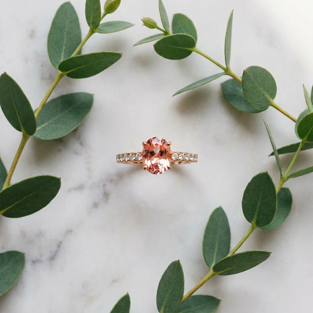 Rose gold Oval Cut Morganite Solitaire Ring with Round  Pavé Band and Four-Prong Setting_45