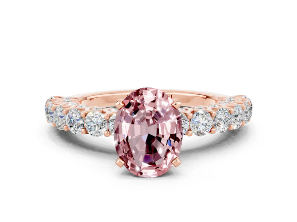 Rose gold Oval Cut Morganite Solitaire Ring with Shared Prong Pavé Band and Four-Prong Setting