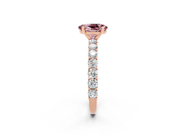 Rose gold Oval Cut Morganite Solitaire Ring with Shared Prong Pavé Band and Four-Prong Setting