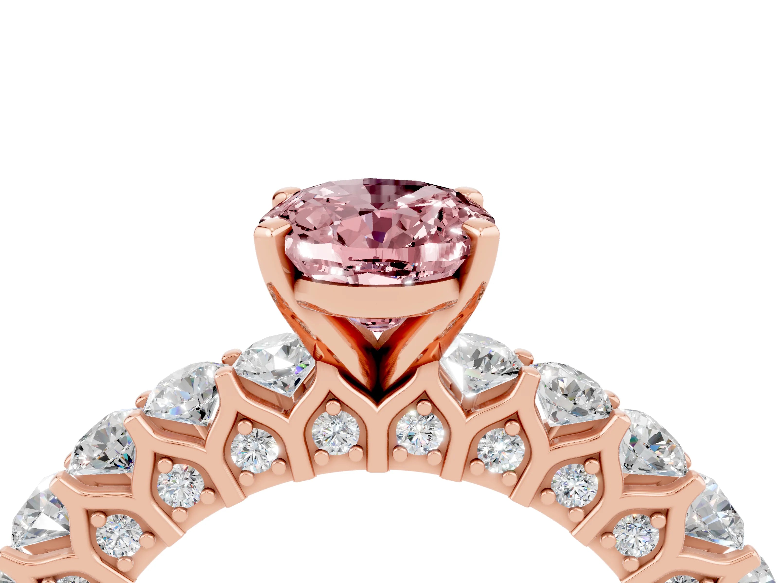 Rose gold Oval Cut Morganite Solitaire Ring with Shared Prong Pavé Band and Four-Prong Setting_4