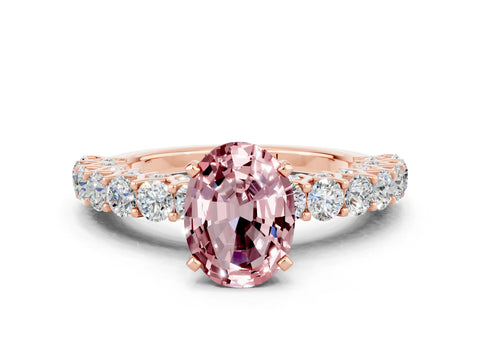 Rose gold Oval Cut Morganite Solitaire Ring with Shared Prong Pavé Band and Four-Prong Setting