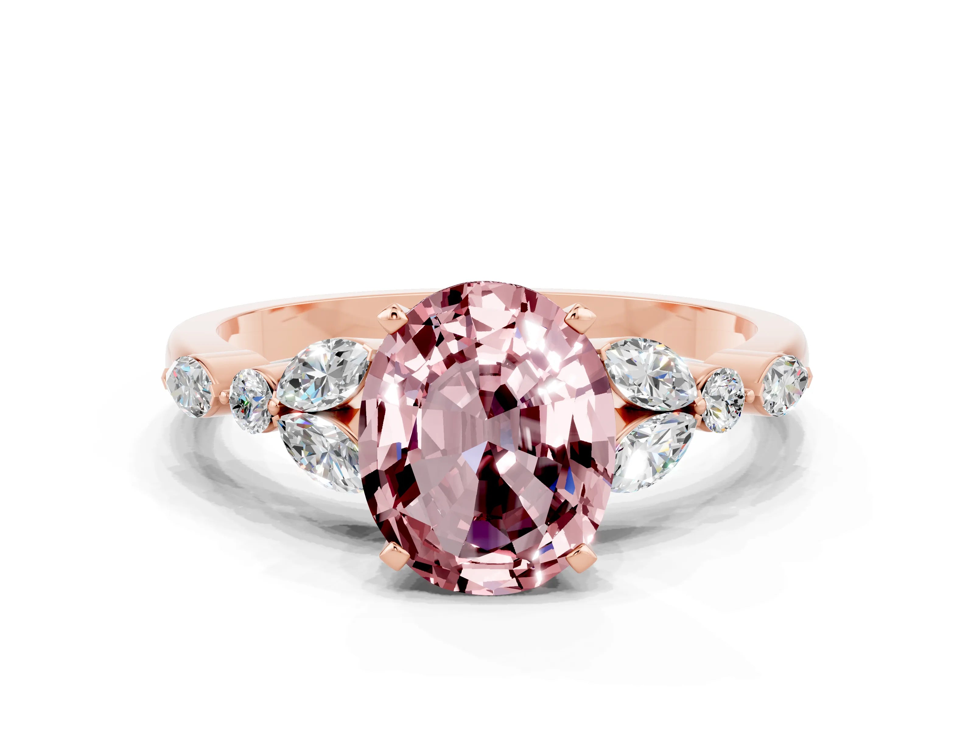 Rose gold Oval Cut Morganite Solitaire Ring with Side Stones and Four-Prong Setting_12