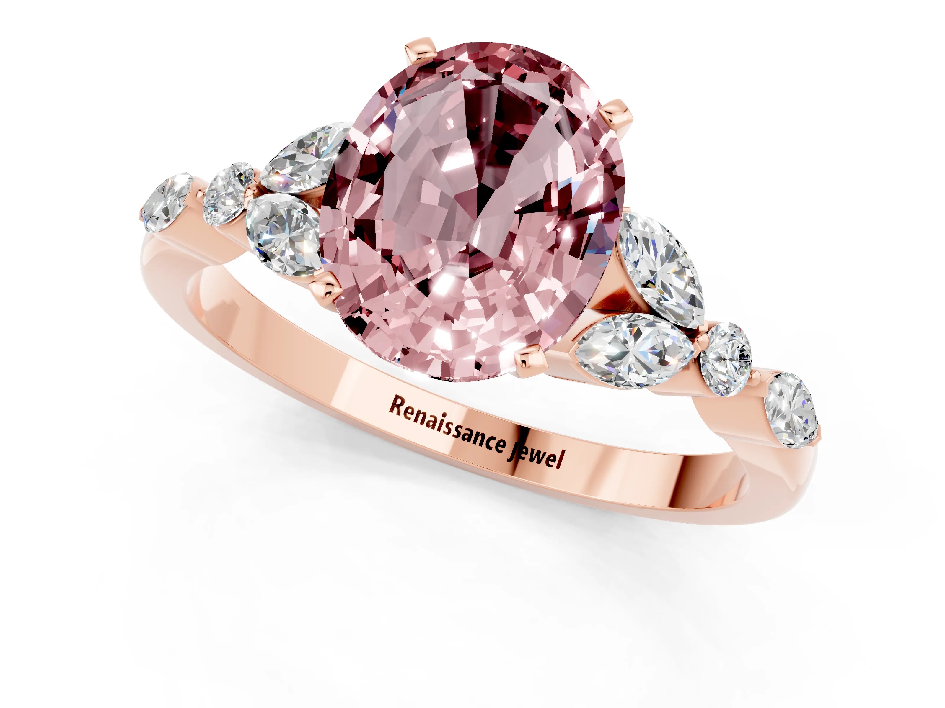 Rose gold Oval Cut Morganite Solitaire Ring with Side Stones and Four-Prong Setting_13