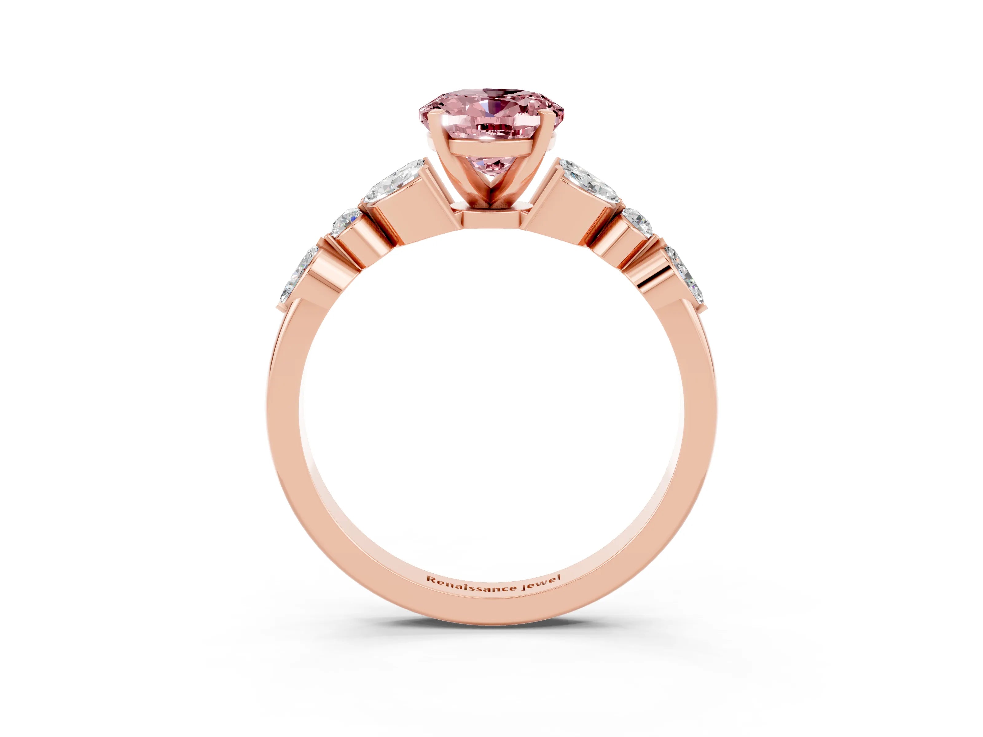 Rose gold Oval Cut Morganite Solitaire Ring with Side Stones and Four-Prong Setting_15