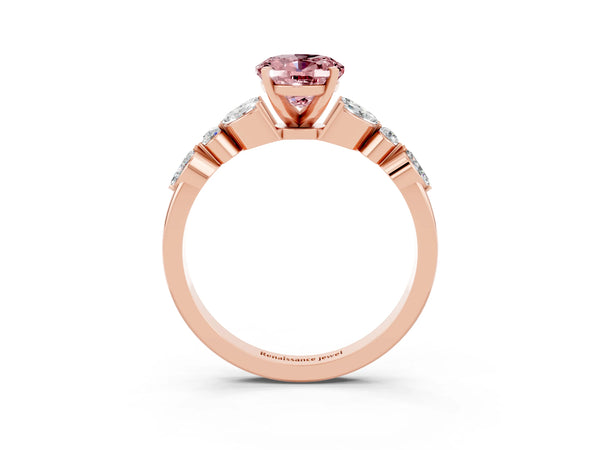 Rose gold Oval Cut Morganite Solitaire Ring with Side Stones and Four-Prong Setting