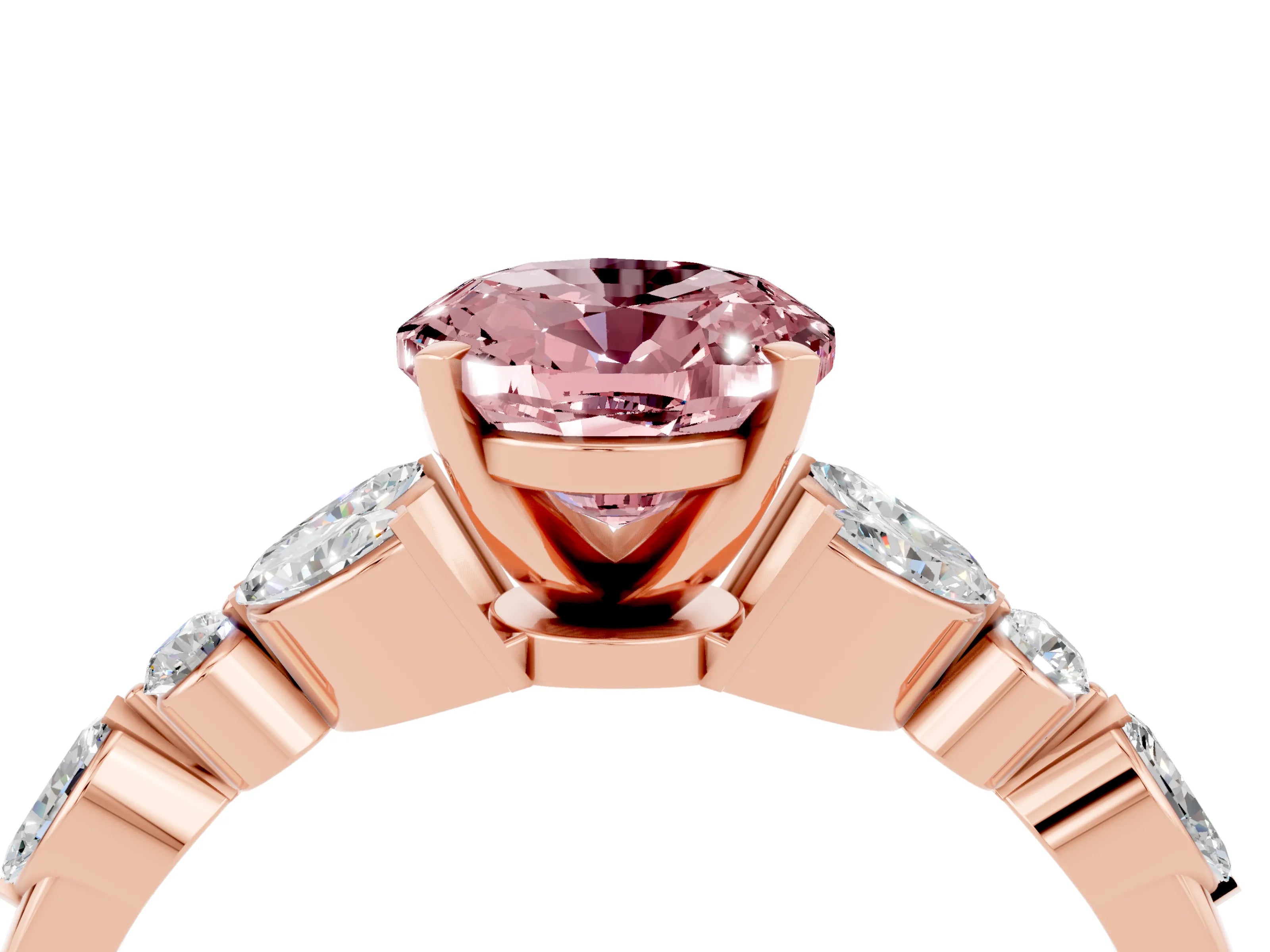 Rose gold Oval Cut Morganite Solitaire Ring with Side Stones and Four-Prong Setting_16