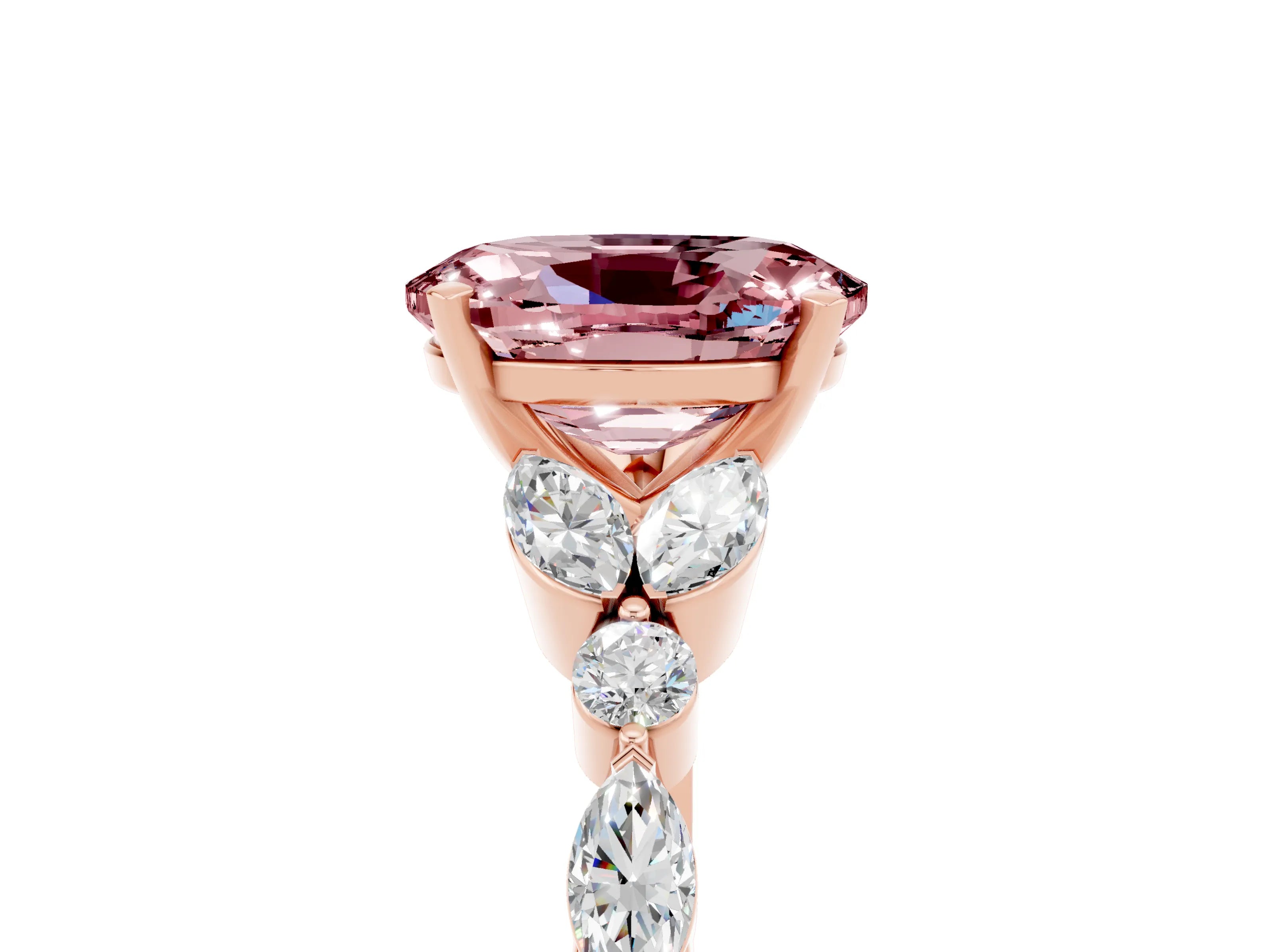 Rose gold Oval Cut Morganite Solitaire Ring with Side Stones and Four-Prong Setting_17