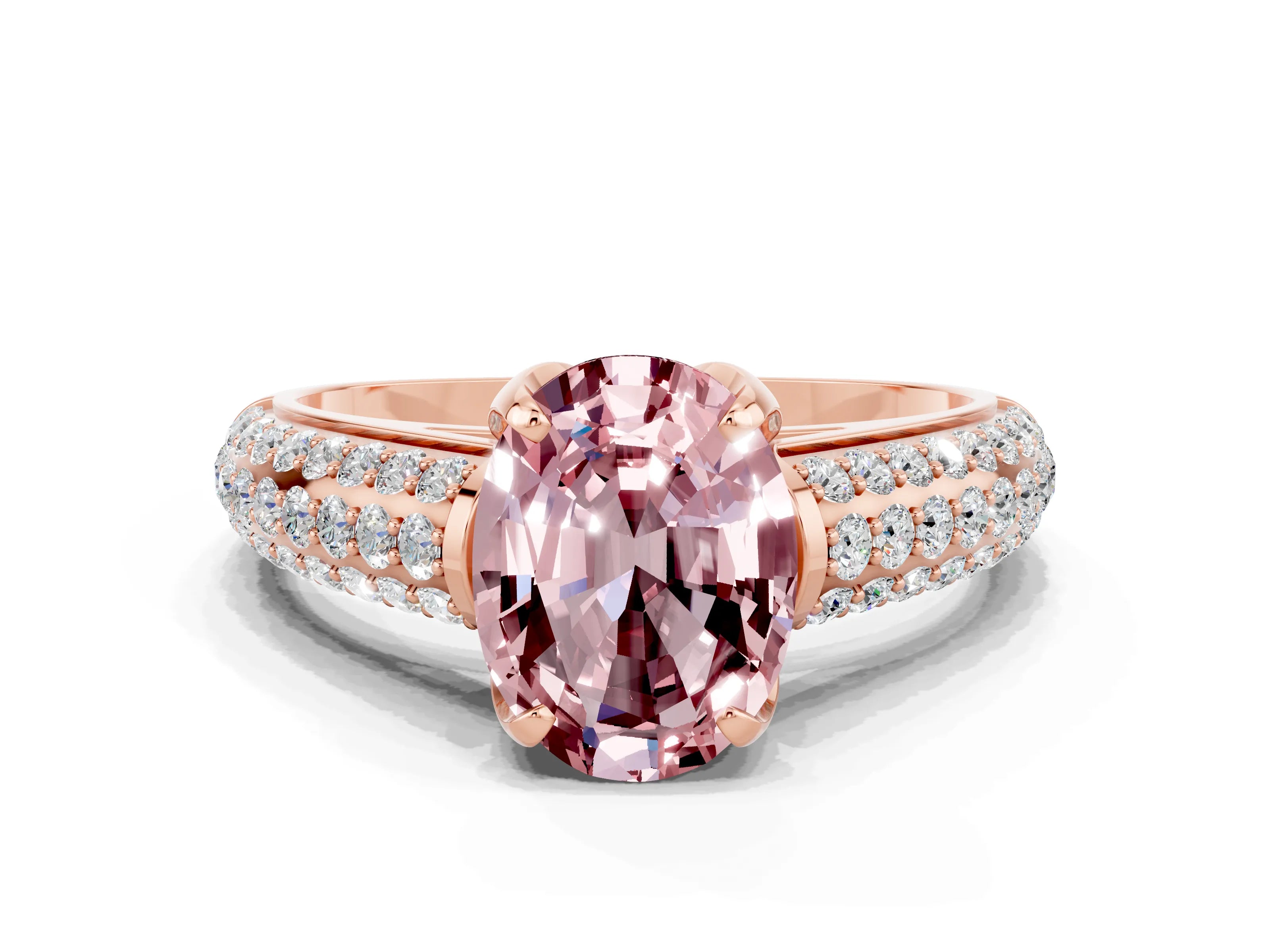 Rose gold Oval Cut Morganite Solitaire Ring with Three-Row Pavé Band and Four-Prong Setting_12