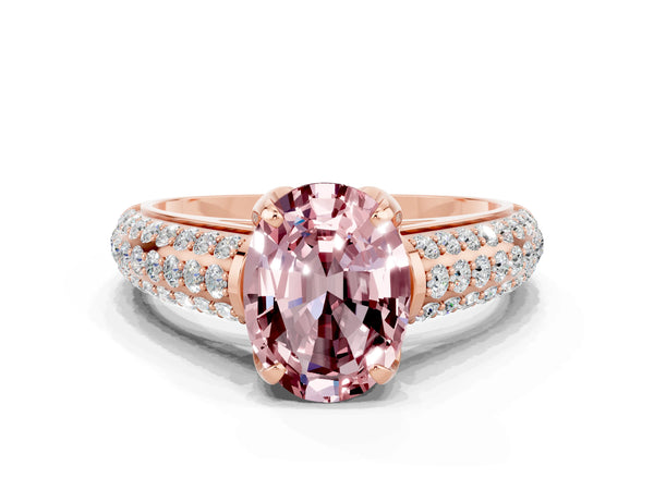 Rose gold Oval Cut Morganite Solitaire Ring with Three-Row Pavé Band and Four-Prong Setting