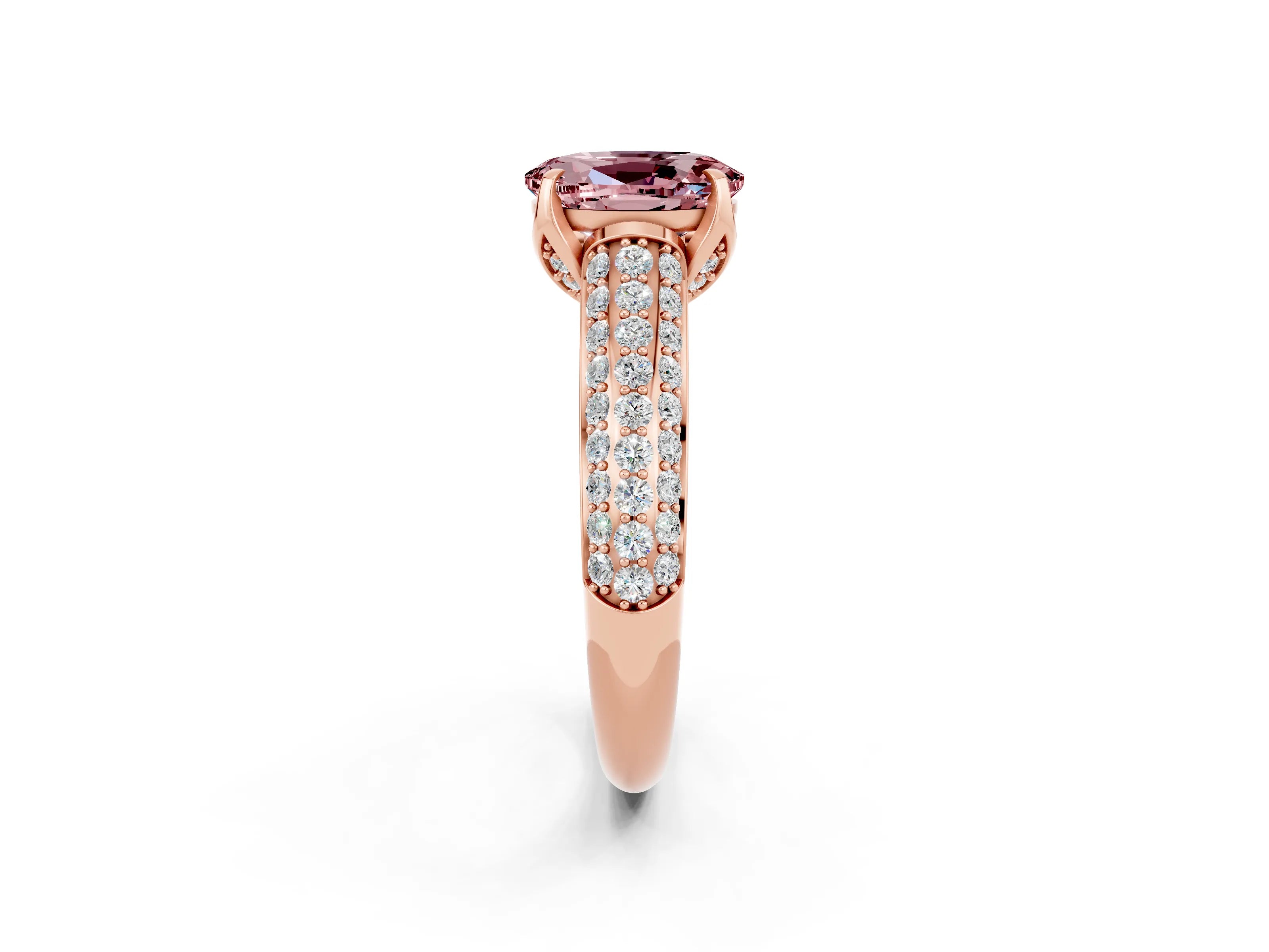Rose gold Oval Cut Morganite Solitaire Ring with Three-Row Pavé Band and Four-Prong Setting_14