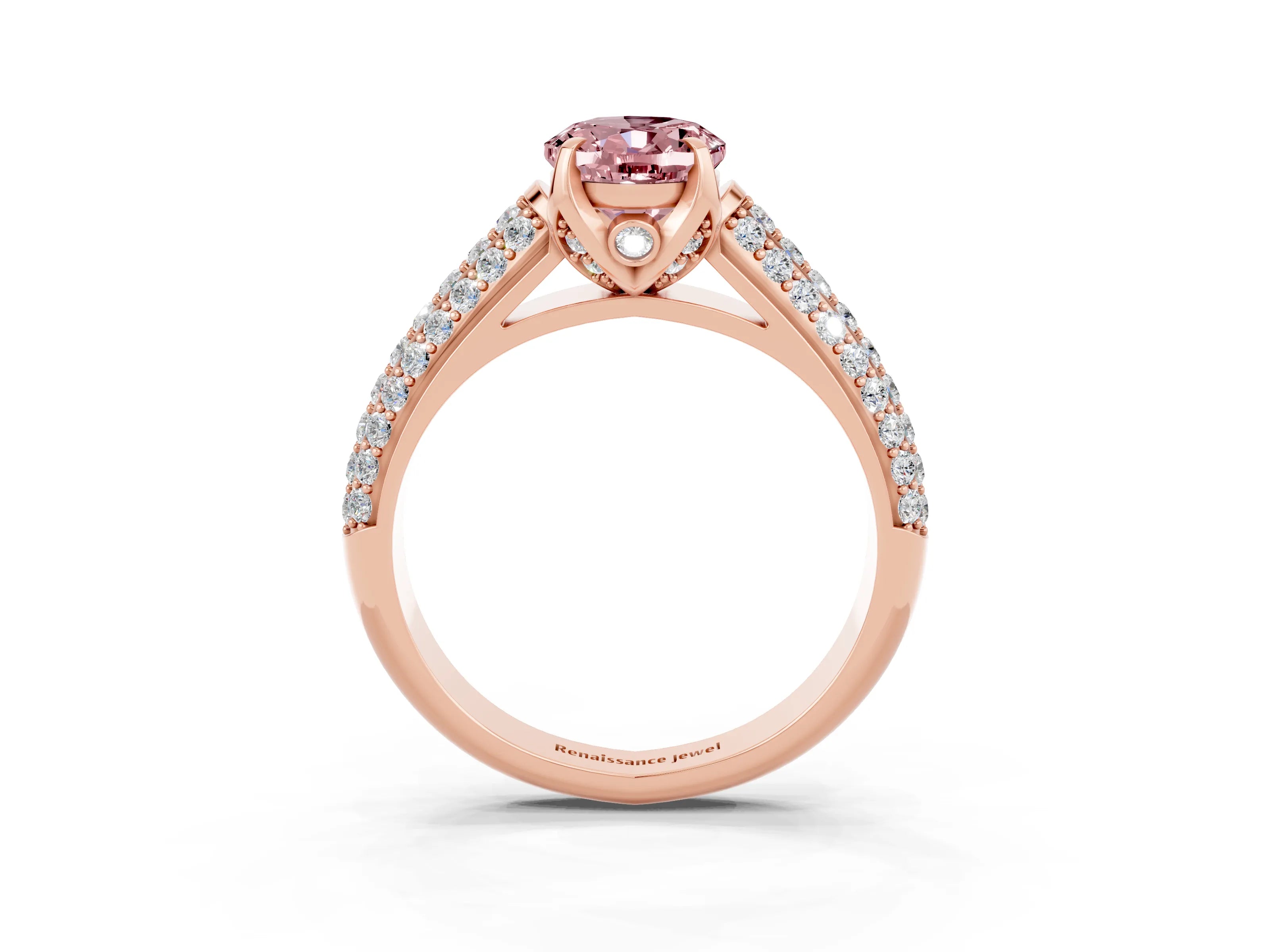 Rose gold Oval Cut Morganite Solitaire Ring with Three-Row Pavé Band and Four-Prong Setting_15