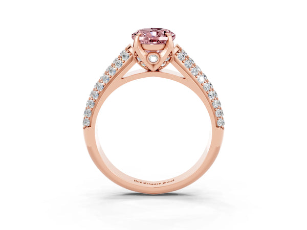 Rose gold Oval Cut Morganite Solitaire Ring with Three-Row Pavé Band and Four-Prong Setting