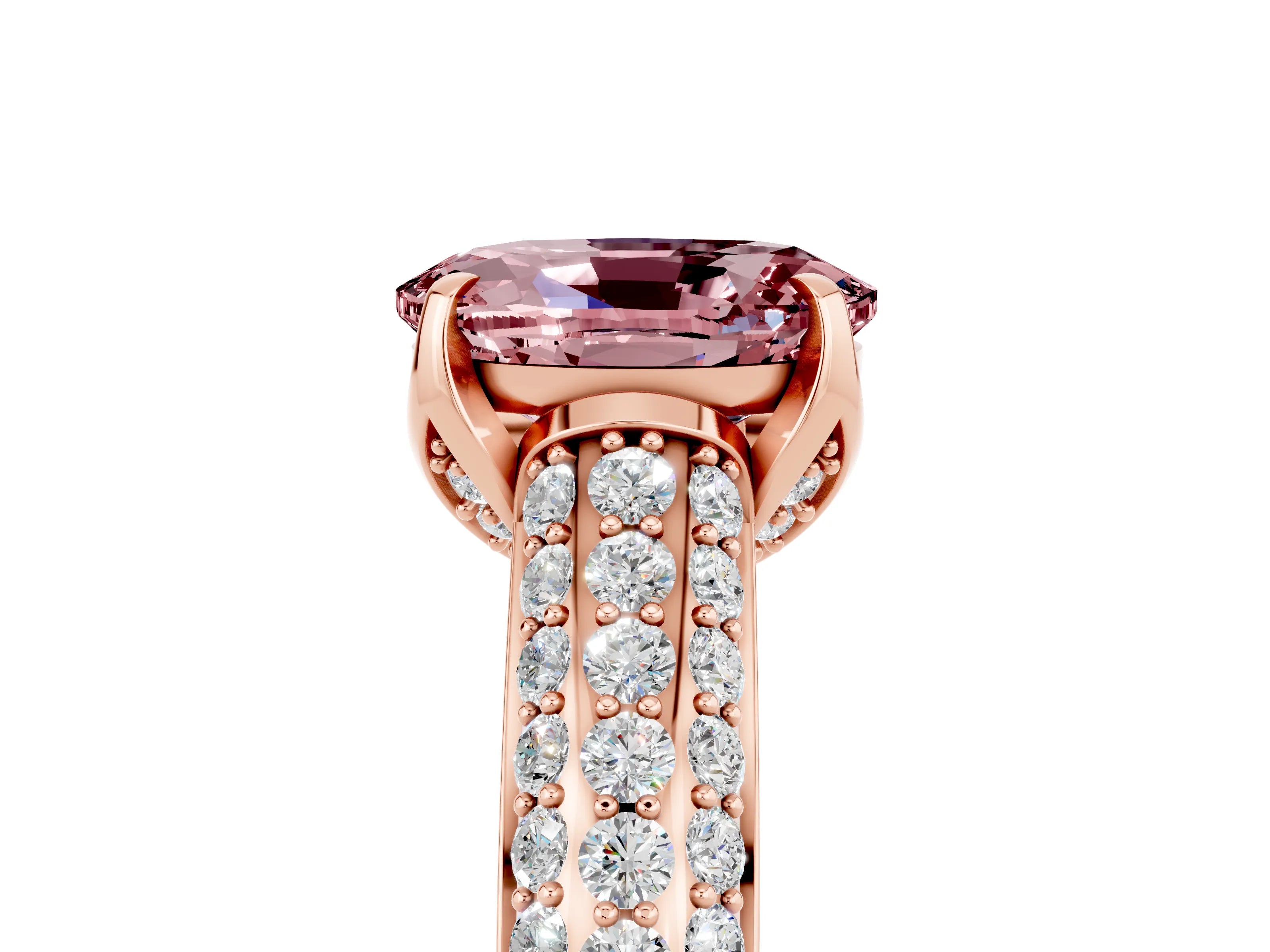 Rose gold Oval Cut Morganite Solitaire Ring with Three-Row Pavé Band and Four-Prong Setting_17