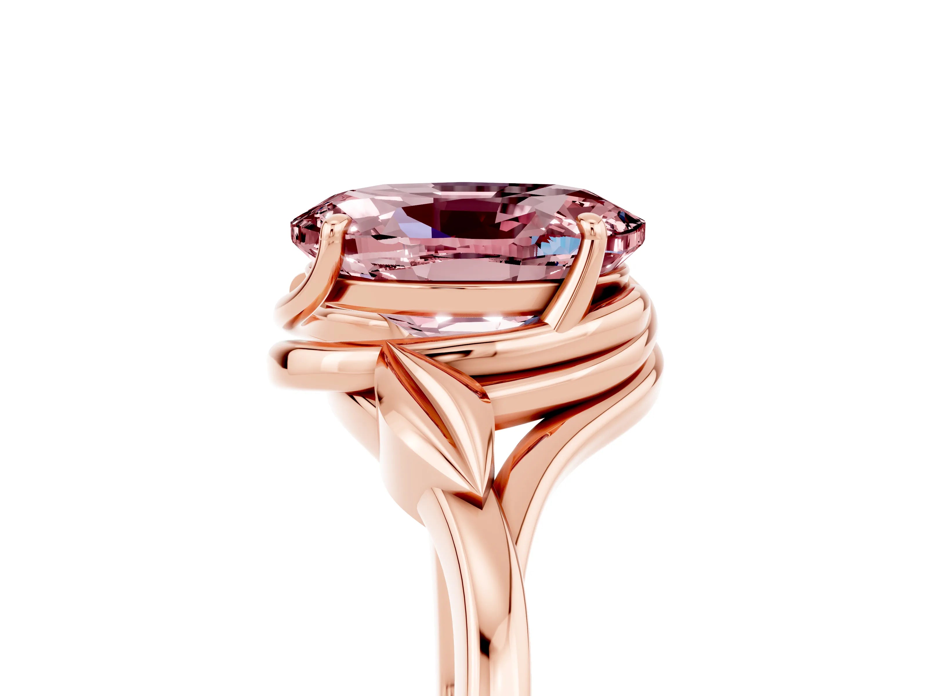 Rose gold Oval Cut Morganite Solitaire Ring with Twist Band and Four-Prong Setting_29