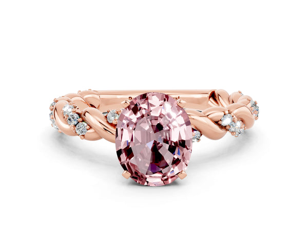 Rose gold Oval Cut Morganite Solitaire Ring with Twisted Band and Pavé Accents