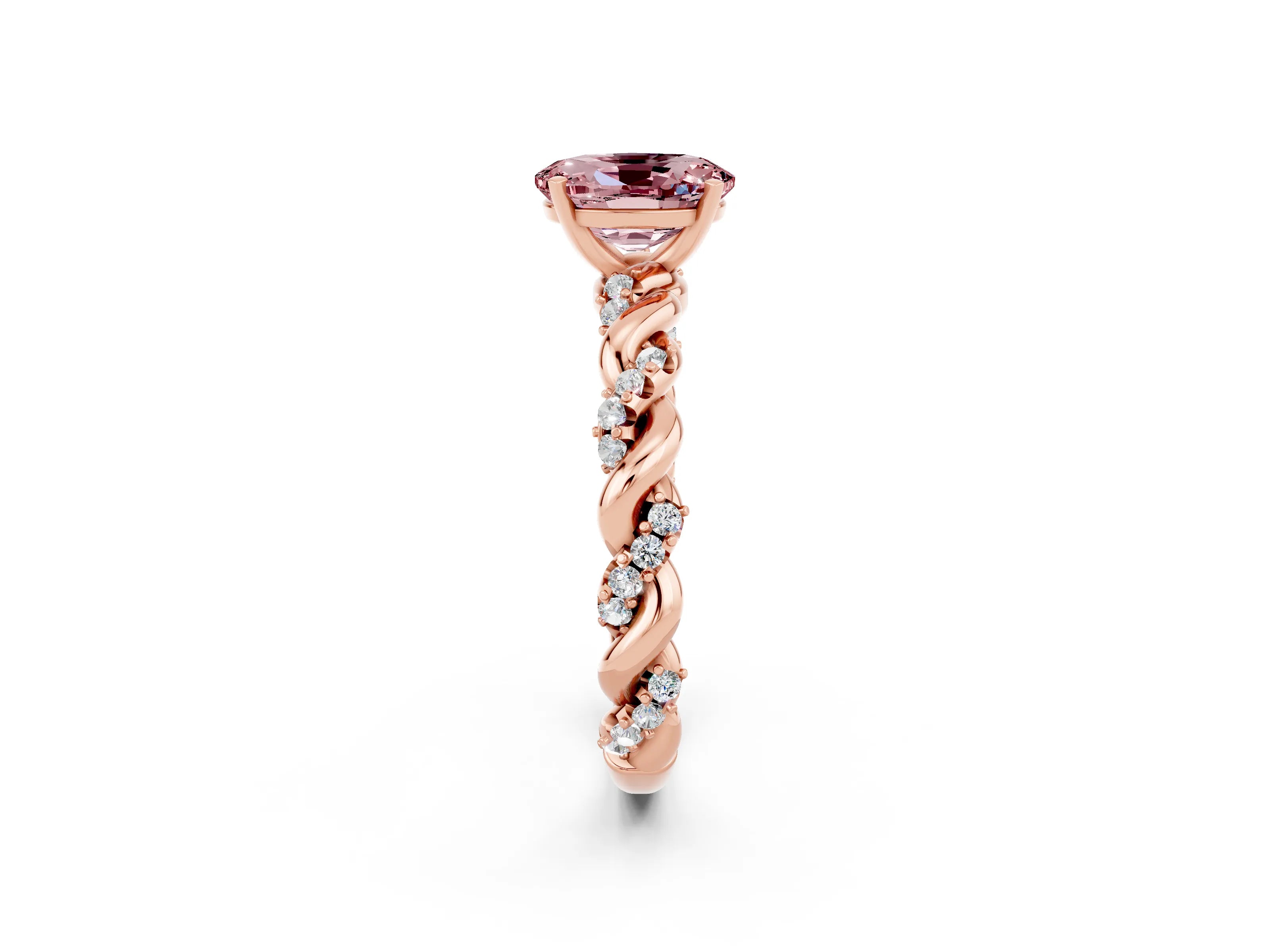 Rose gold Oval Cut Morganite Solitaire Ring with Twisted Band and Pavé Accents_2