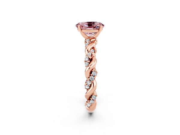 Rose gold Oval Cut Morganite Solitaire Ring with Twisted Band and Pavé Accents