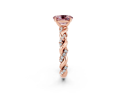 Rose gold Oval Cut Morganite Solitaire Ring with Twisted Band and Pavé Accents_2