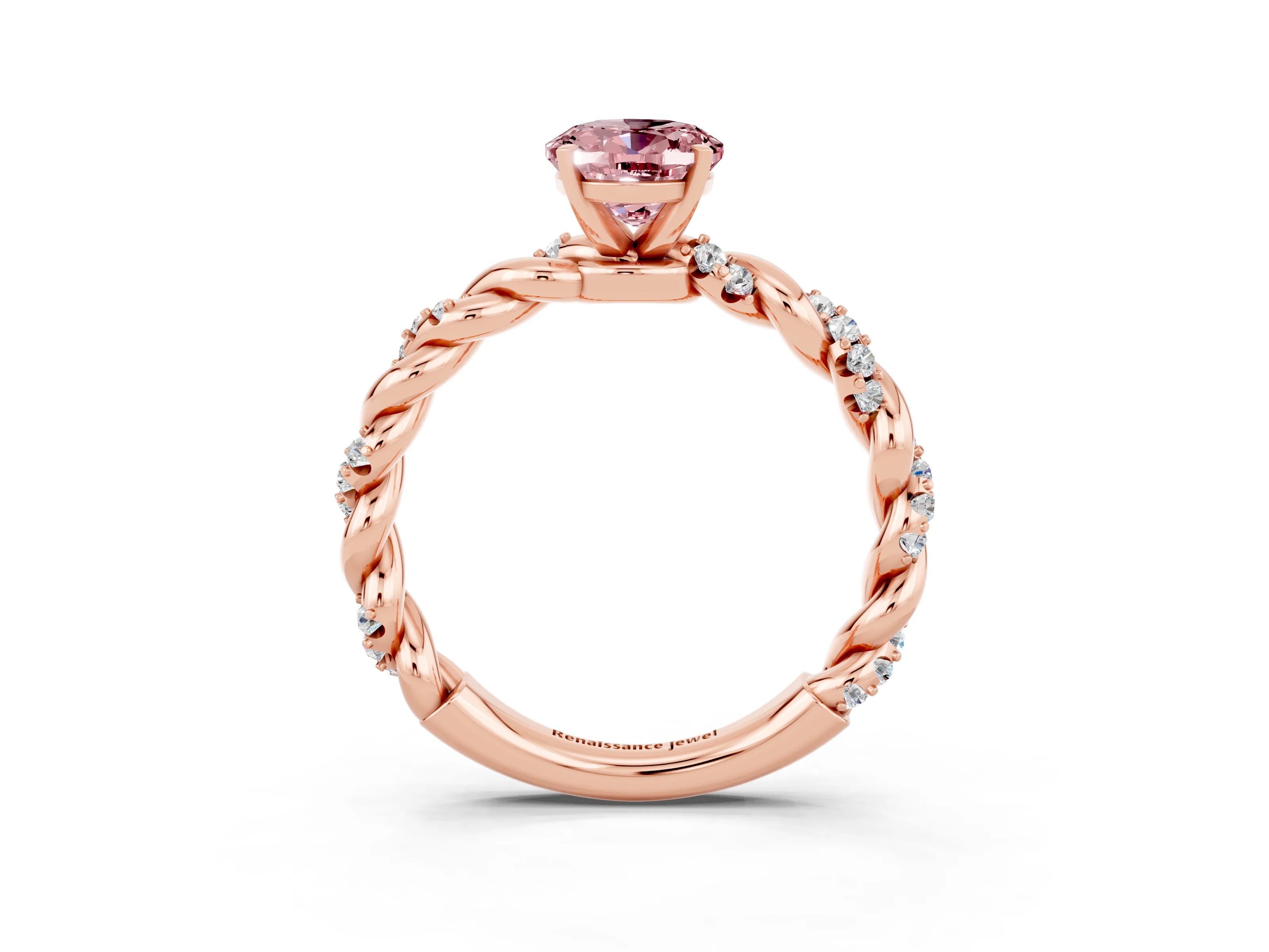 Rose gold Oval Cut Morganite Solitaire Ring with Twisted Band and Pavé Accents_3