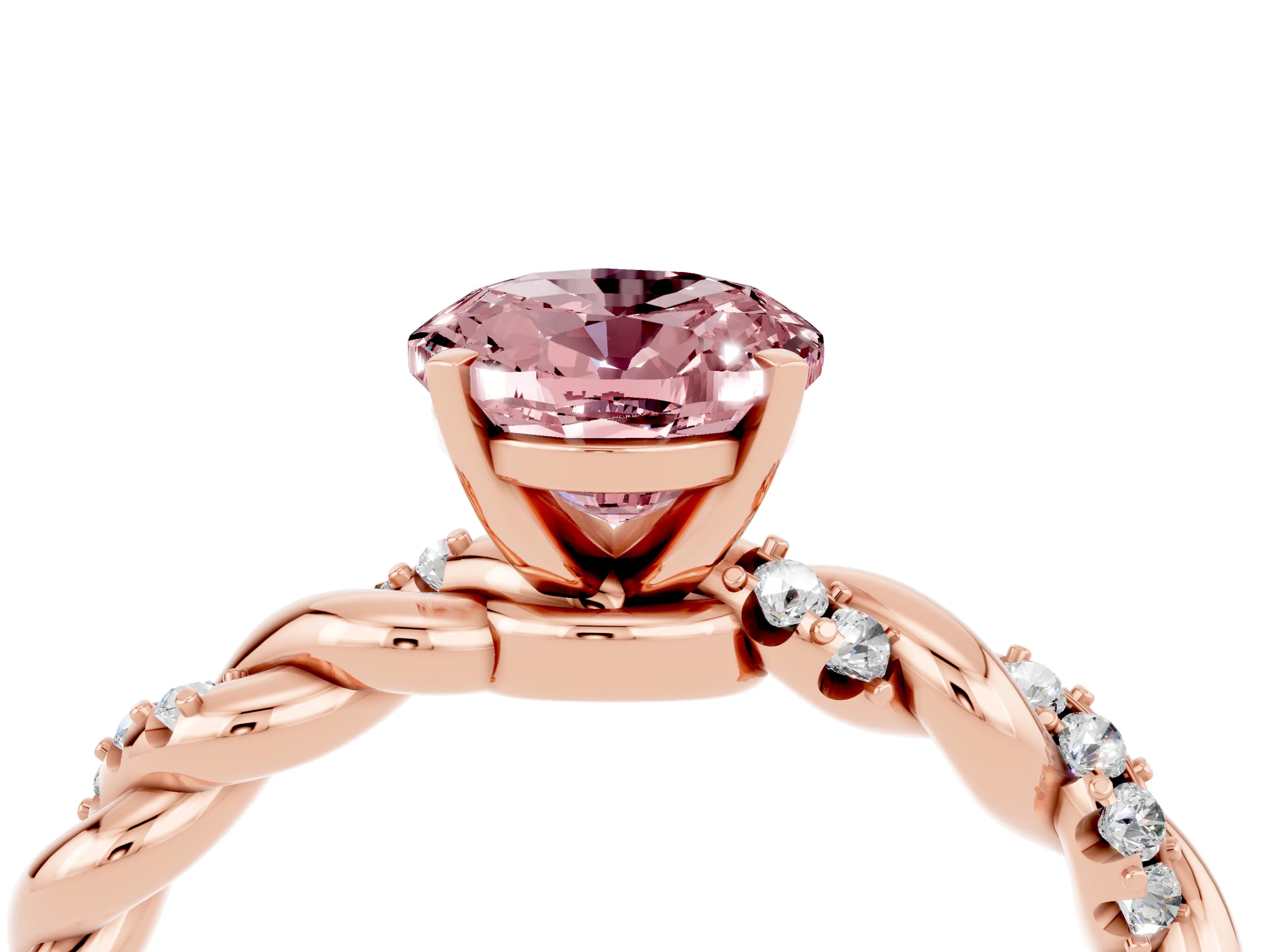 Rose gold Oval Cut Morganite Solitaire Ring with Twisted Band and Pavé Accents_4