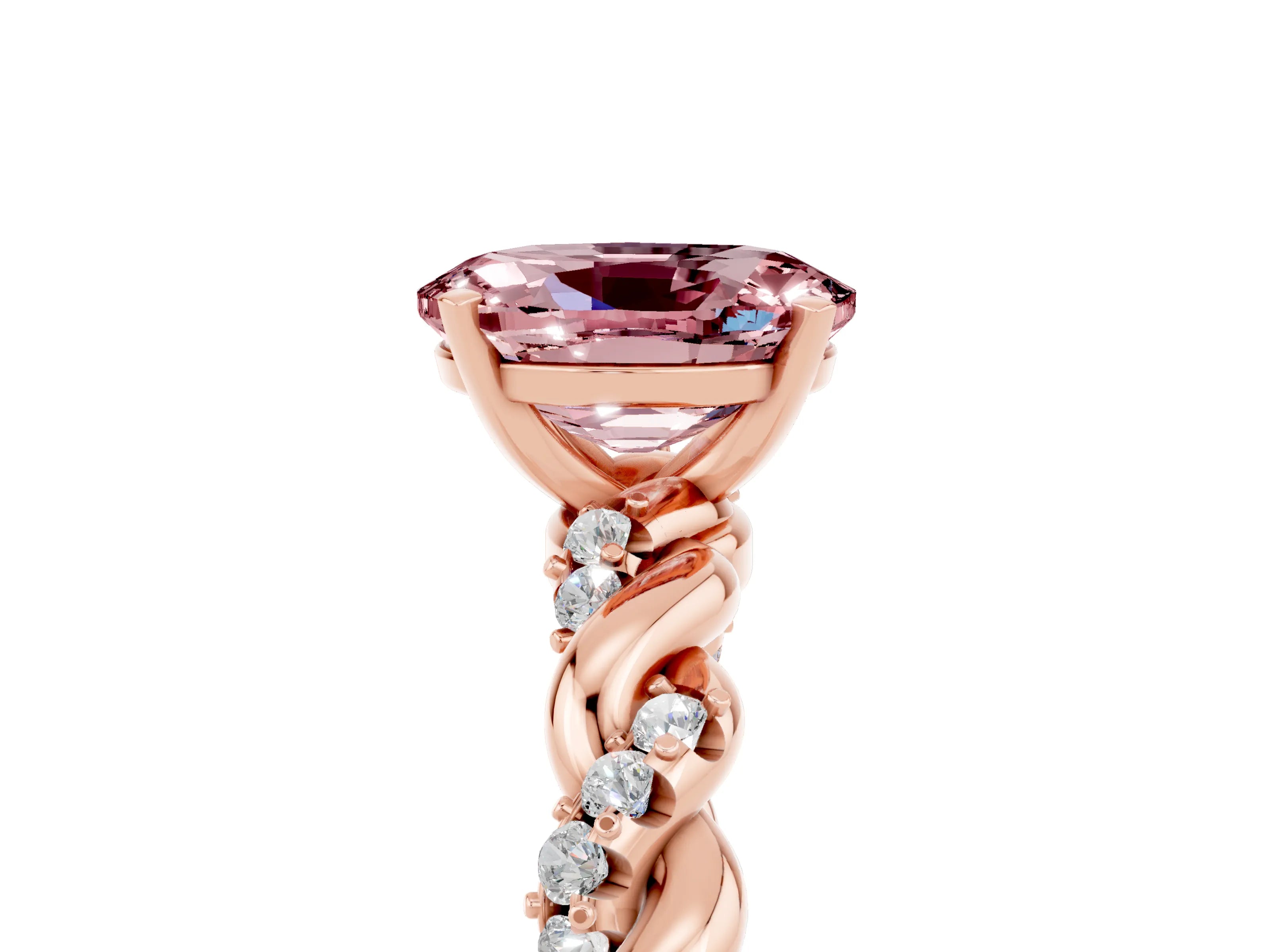 Rose gold Oval Cut Morganite Solitaire Ring with Twisted Band and Pavé Accents_5