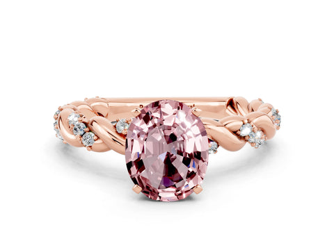 Rose gold Oval Cut Morganite Solitaire Ring with Twisted Band and Pavé Accents