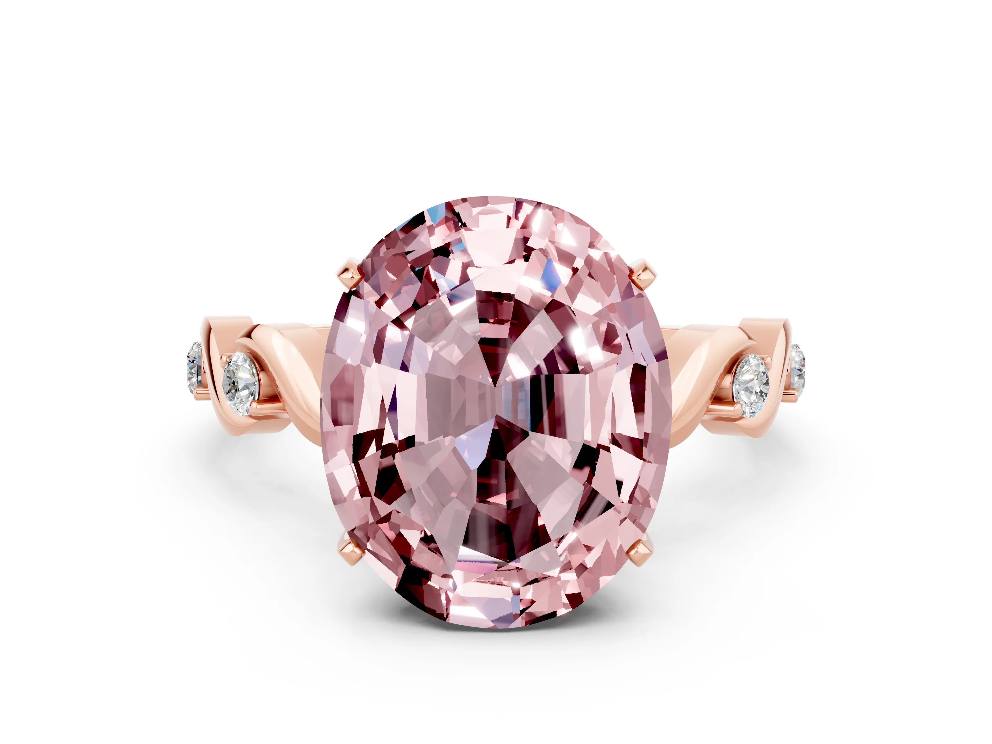 Rose gold Oval Cut Morganite Solitaire Twisted Band with Round  Accents and Prong Setting_12
