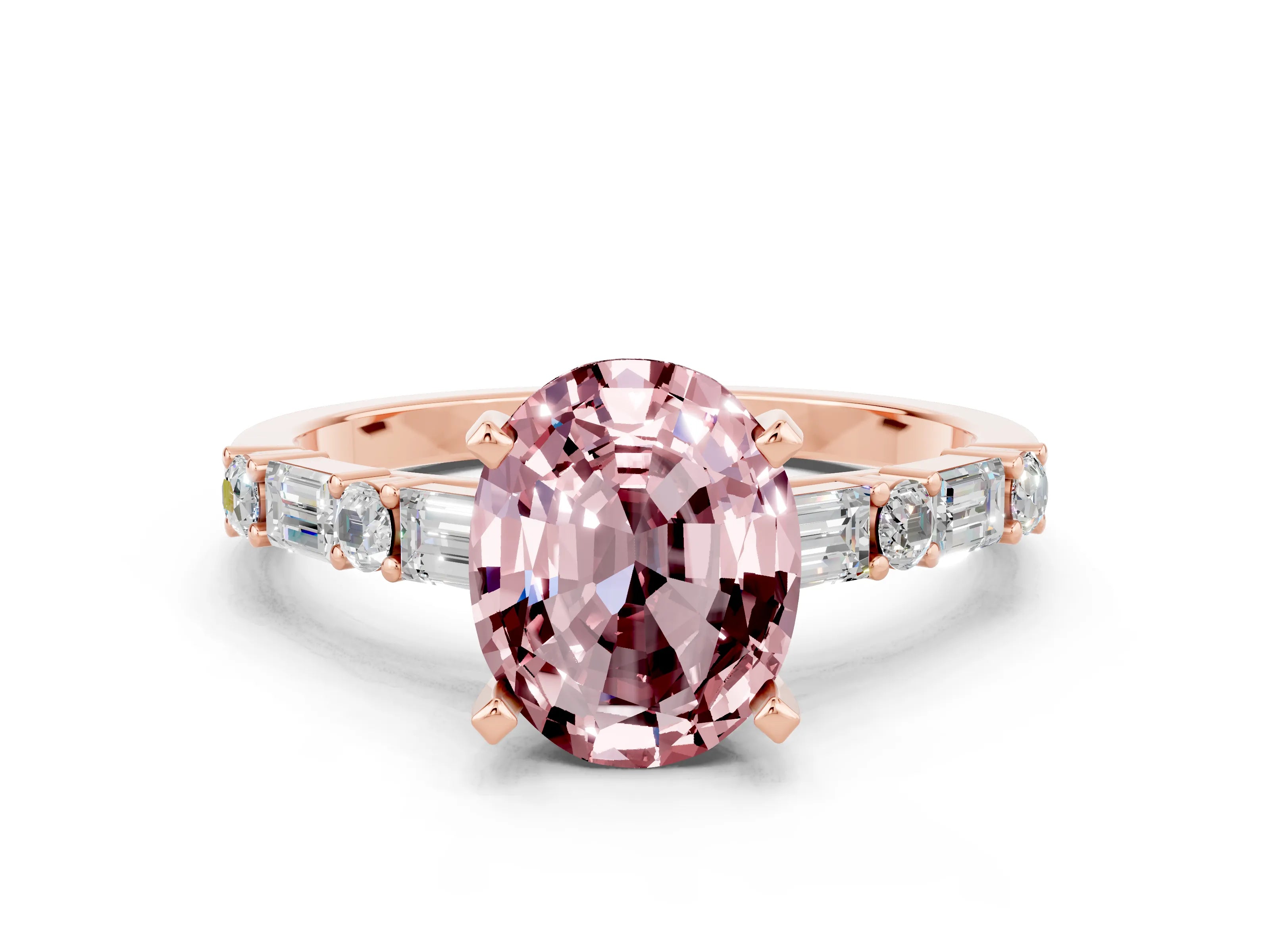 Rose gold Oval Cut Morganite Solitaire with Side Baguettes and Channel Set Band