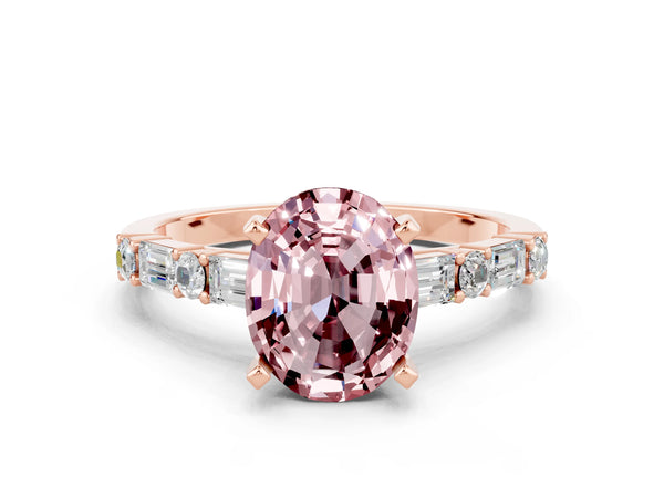 Rose gold Oval Cut Morganite Solitaire with Side Baguettes and Channel Set Band