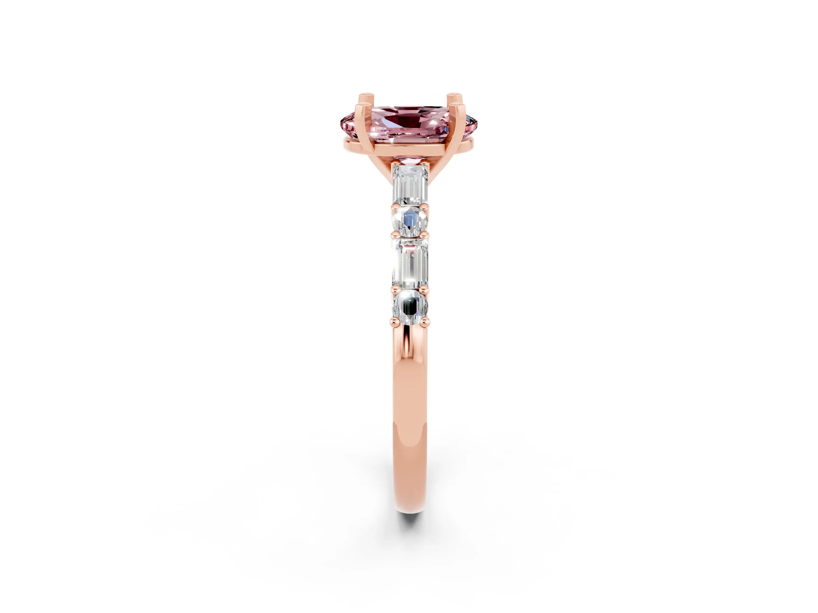 Rose gold Oval Cut Morganite Solitaire with Side Baguettes and Channel Set Band_2