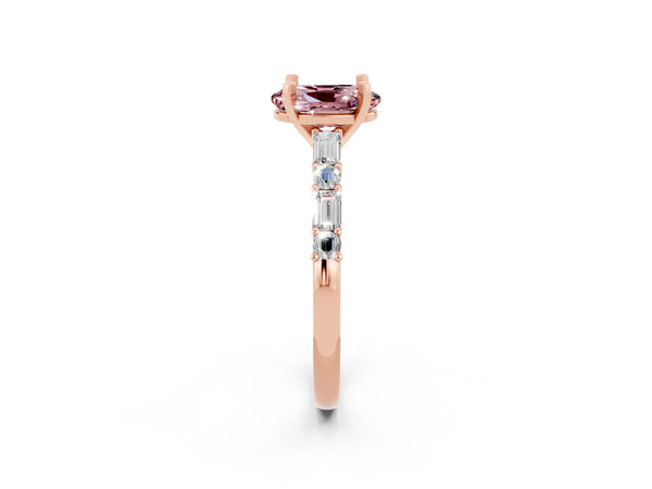 Rose gold Oval Cut Morganite Solitaire with Side Baguettes and Channel Set Band