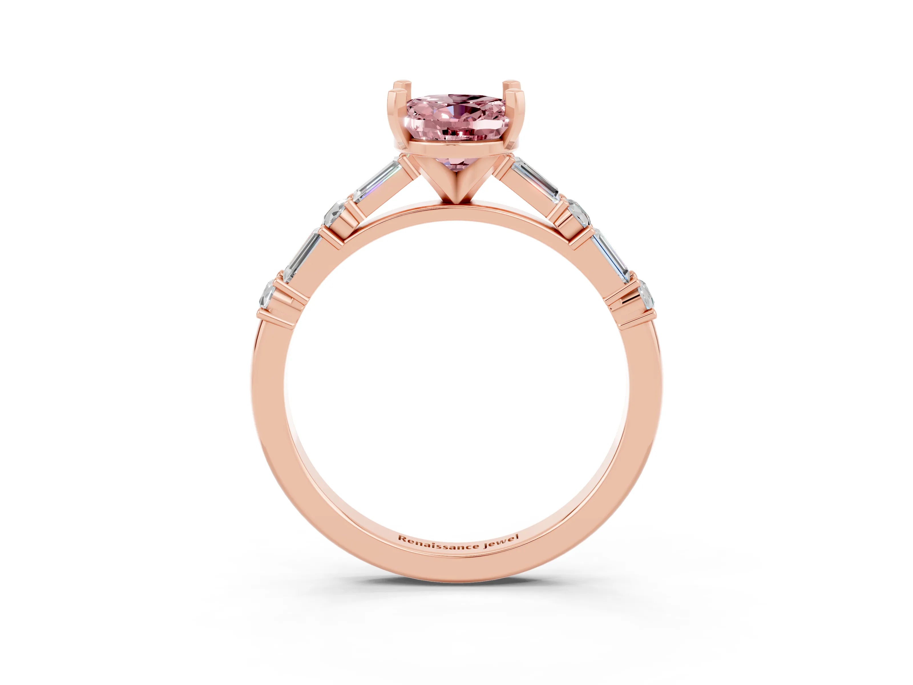 Rose gold Oval Cut Morganite Solitaire with Side Baguettes and Channel Set Band_3