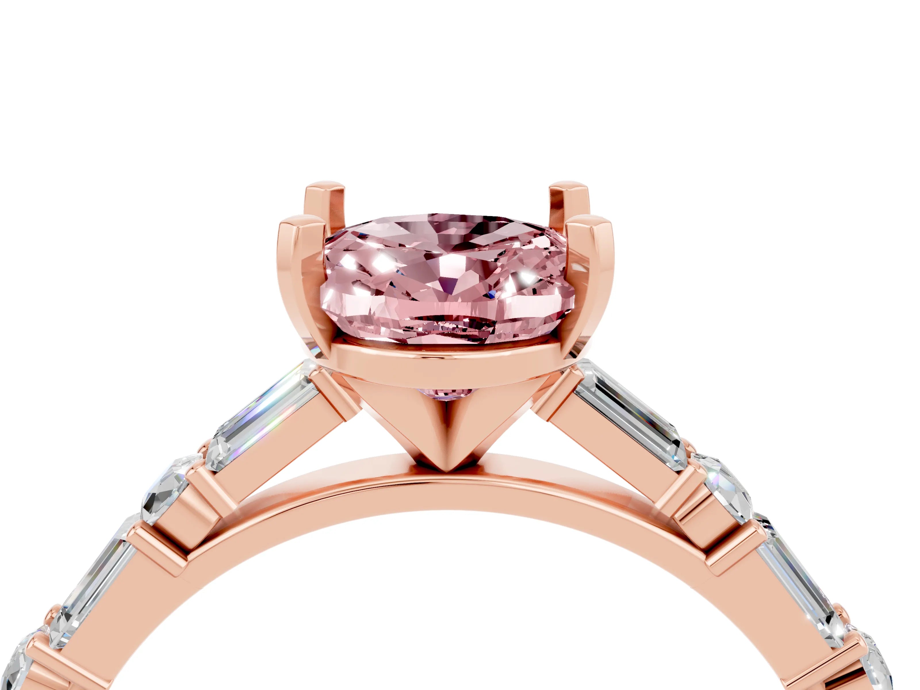 Rose gold Oval Cut Morganite Solitaire with Side Baguettes and Channel Set Band_4
